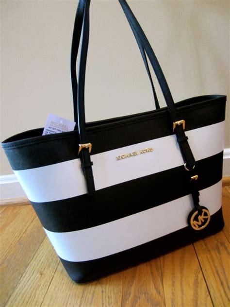 black and white striped michael kors handbag